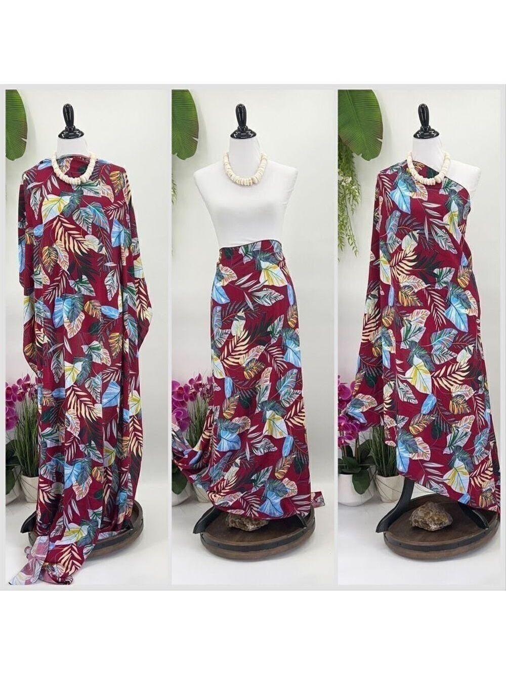 Red Blue Green Tropical Foliage MAXI SARONG Kīkepa Pareo Beach Wrap Skirt